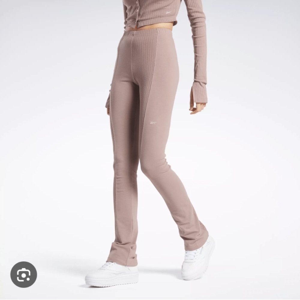Reebok Half Ribbed Tan Leggings Casual Workout Bootcut Bell Bottom Sz M Cotton